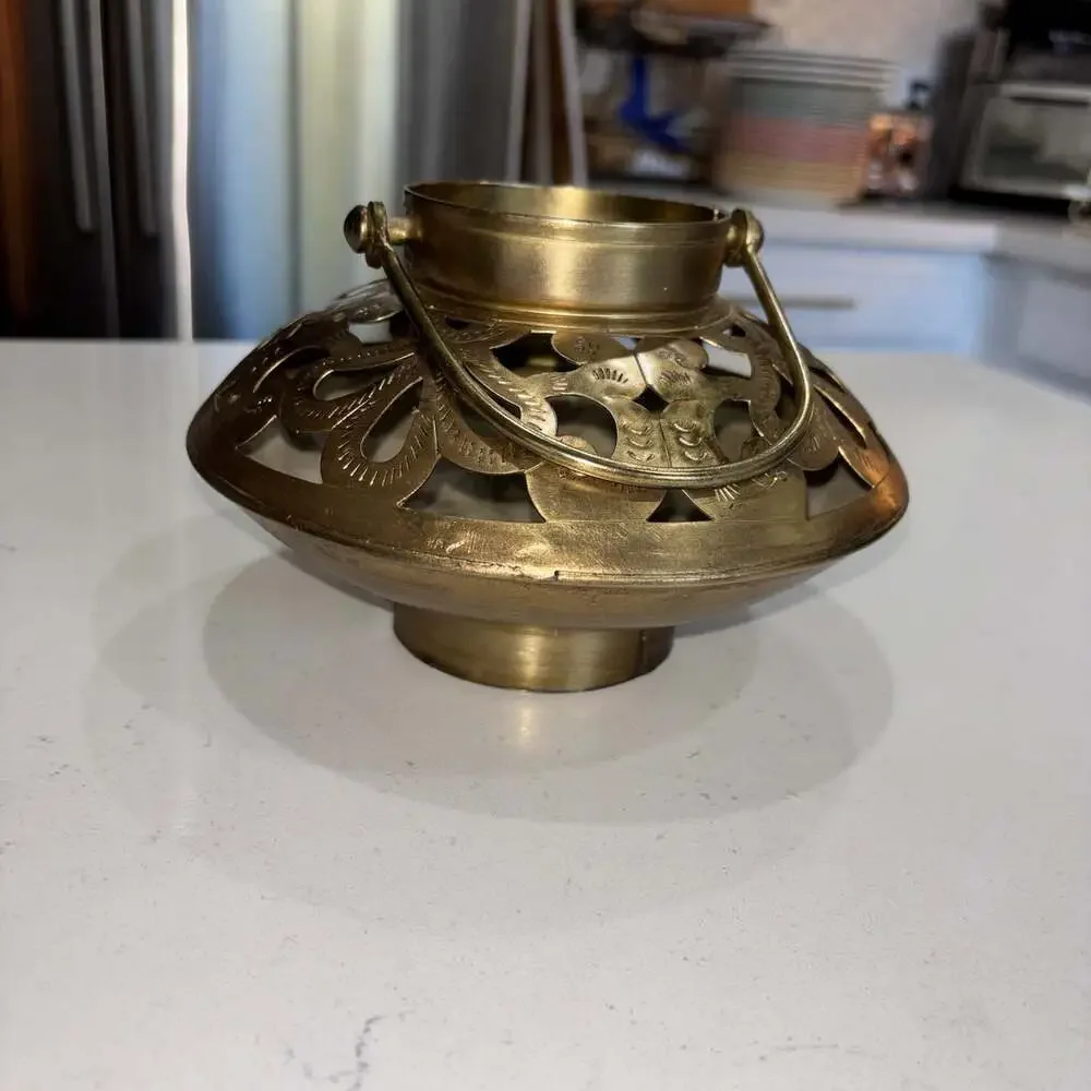 Vintage Hand-Etched Brass Tea Light Holder with Reticulated Floral Design